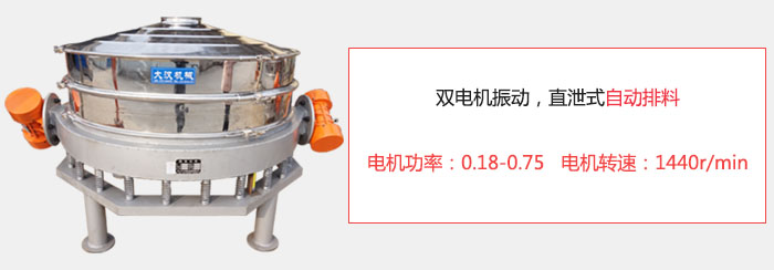 雙電機(jī)振動，直泄式自動排料電機(jī)功率：0.18-0.75   電機(jī)轉(zhuǎn)速：1440r/min。